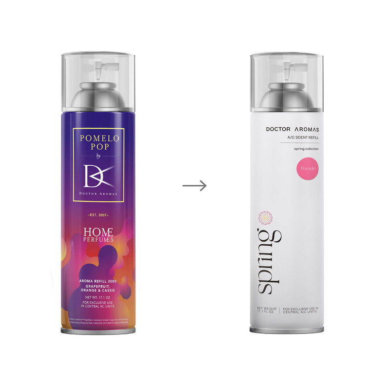 Two cylindrical aerosol cans side by side, left can with purple and orange gradient labeled Pomelo Pop, right can white. - A/C Scenting System Pro | Pomelo - Pomelo - Doctor Aromas