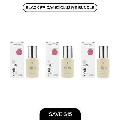 Set of three small beige diffuser drop bottles with silver caps and matching white boxes, Black Friday exclusive bundle. - Diffuser Drops x3 | BFCM Exclusive Bundle - Hope - Doctor Aromas