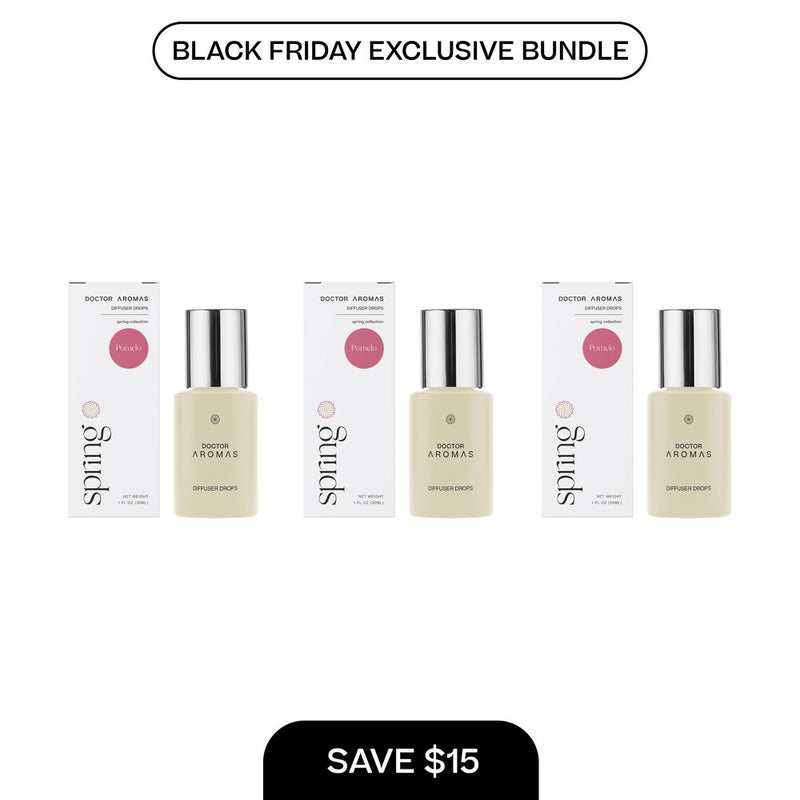 Set of three small beige diffuser drop bottles with silver caps and matching white boxes, Black Friday exclusive bundle. - Diffuser Drops x3 | BFCM Exclusive Bundle - Hope - Doctor Aromas