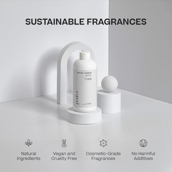 White cylindrical mist refill bottles labeled Posh with modern minimalist design on white curved pedestal under text. - Mist Refill Twin Pack | Posh - Posh - Doctor Aromas