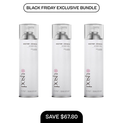 Set of three white A/C scent refill bottles with silver caps labeled Posho BFCM Exclusive Bundle. - A/C Scent Refill 17.1 oz x3 | BFCM Exclusive Bundle - Hope - Doctor Aromas