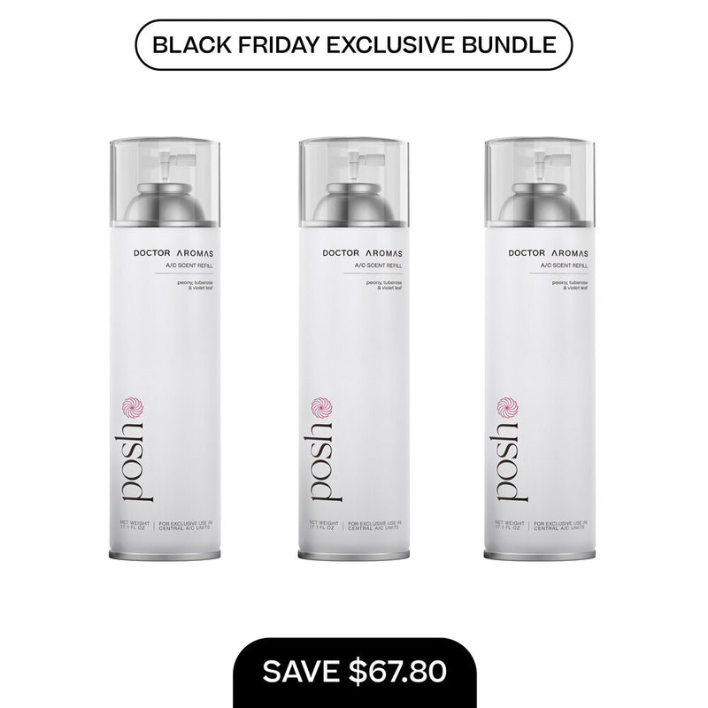 Set of three white A/C scent refill bottles with silver caps labeled Posho BFCM Exclusive Bundle. - A/C Scent Refill 17.1 oz x3 | BFCM Exclusive Bundle - Hope - Doctor Aromas