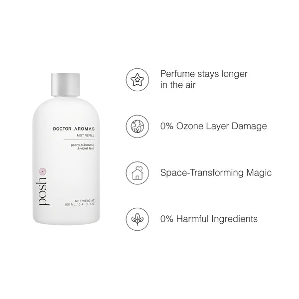 Two white cylindrical mist refill bottles with silver caps labeled Posh and Doctor Aromas. - Mist Refill Twin Pack | Posh - Posh - Doctor Aromas