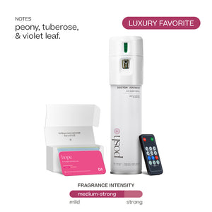 White tall A/C spray dispenser labeled Posh with remote control and pink scented oil card in open white box on white. - Doctor Aromas A/C Scenting System - A/C Spray Dispenser with Remote Control, Customizable Scent Experience, Vegan & Cruelty-Free, 17.1 oz Fragrance Oil, Whole Home Freshener, Battery Operated, Non-Toxic, Cosmetic Grade Scents - Hope® - Doctor Aromas
