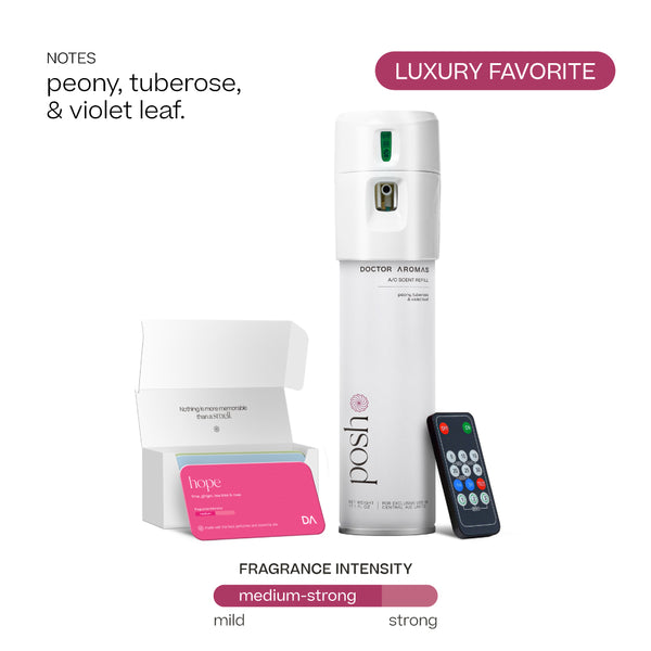 White tall A/C spray dispenser labeled Posh with remote control and pink scented oil card in open white box on white. - Doctor Aromas A/C Scenting System - A/C Spray Dispenser with Remote Control, Customizable Scent Experience, Vegan & Cruelty-Free, 17.1 oz Fragrance Oil, Whole Home Freshener, Battery Operated, Non-Toxic, Cosmetic Grade Scents - Hope® - Doctor Aromas