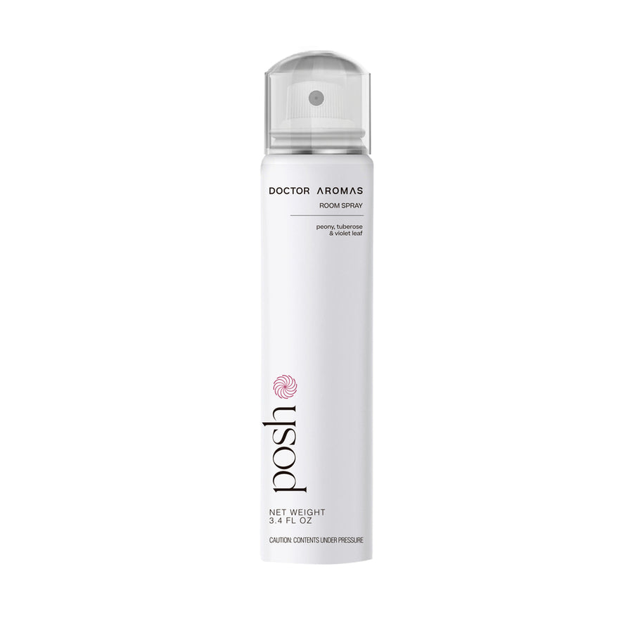 Tall white cylindrical room spray bottle with clear plastic cap and black text labeled "Posh.". - Room Spray | Posh - Posh - Doctor Aromas