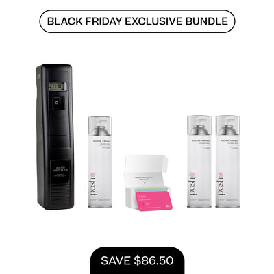 Black A/C scenting system with digital display and four white 17.1 oz refill cans and pink card holder. - A/C Scenting System Pro + 2x 17.1 OZ Refills | BFCM Exclusive - Hope - Doctor Aromas