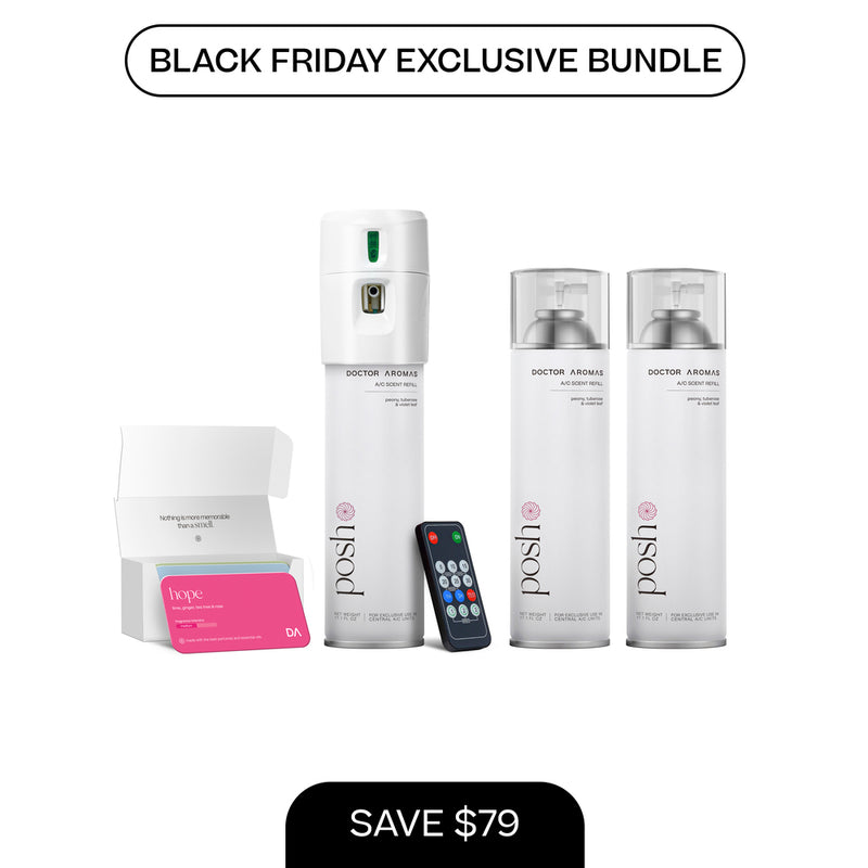 A/C scenting system with remote and two 17.1 oz refill bottles in clear packaging, Black Friday bundle label. - A/C Scenting System + 2x 17.1 OZ Refills | BFCM Exclusive - Hope - Doctor Aromas