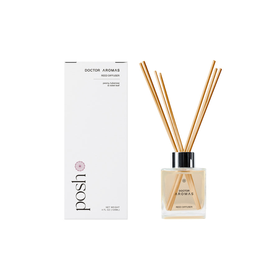 White Velvet scented oil reed diffuser with clear square glass bottle and black cap, natural reed sticks, white minimalistic .