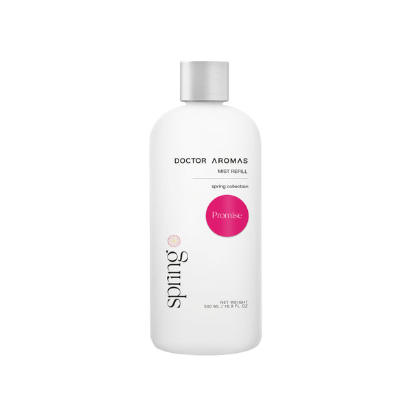 White cylindrical mist refill bottle with silver cap and pink label reading "Promise". - Mist Refill | Promise - Promise / 100 ml - Doctor Aromas