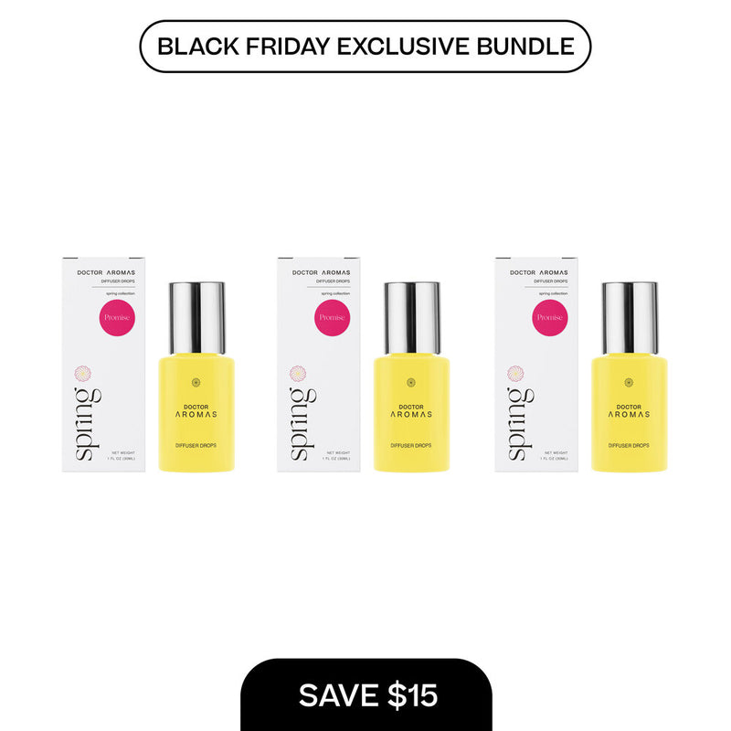 Three yellow diffuser drop bottles with silver caps, each paired with a white box labeled Spring. - Diffuser Drops x3 | BFCM Exclusive Bundle - Hope - Doctor Aromas