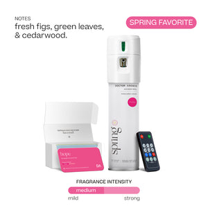 Doctor Aromas A/C Spray Dispenser with remote, white sleek design, and pink scent card labeled "Hope". - Doctor Aromas A/C Scenting System - A/C Spray Dispenser with Remote Control, Customizable Scent Experience, Vegan & Cruelty-Free, 17.1 oz Fragrance Oil, Whole Home Freshener, Battery Operated, Non-Toxic, Cosmetic Grade Scents - Hope® - Doctor Aromas