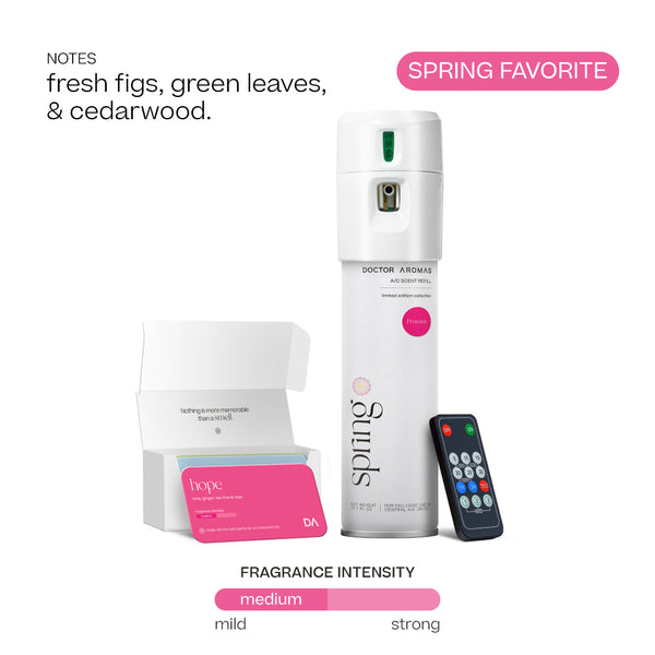 Doctor Aromas A/C Spray Dispenser with remote, white sleek design, and pink scent card labeled "Hope". - Doctor Aromas A/C Scenting System - A/C Spray Dispenser with Remote Control, Customizable Scent Experience, Vegan & Cruelty-Free, 17.1 oz Fragrance Oil, Whole Home Freshener, Battery Operated, Non-Toxic, Cosmetic Grade Scents - Hope® - Doctor Aromas