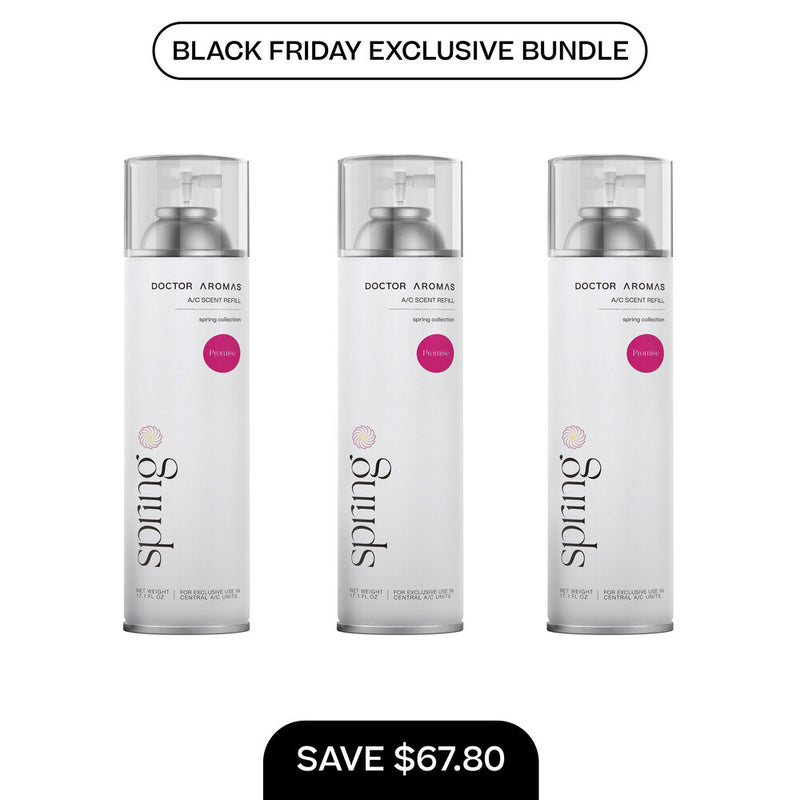 Three identical white cylindrical 17.1 oz air conditioner scent refill bottles with clear caps and minimal black and pink. - A/C Scent Refill 17.1 oz x3 | BFCM Exclusive Bundle - Hope - Doctor Aromas