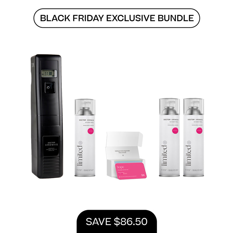 Black vertical A/C scenting system with digital screen and three tall white refill canisters on white background. - A/C Scenting System Pro + 2x 17.1 OZ Refills | BFCM Exclusive - Hope - Doctor Aromas