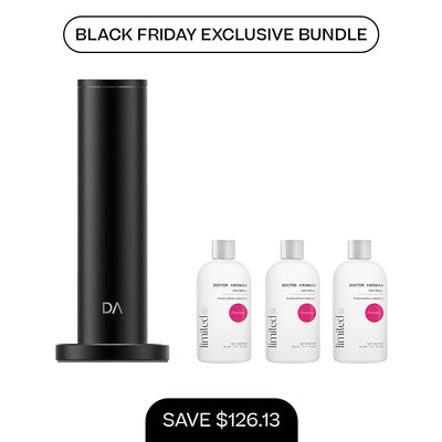Tall matte black aroma diffuser with cylindrical shape and BFCM exclusive bundle of three 100ml mist refill bottles. - Aroma Diffuser 500 + 3x Mist Refill 100ml | BFCM Exclusive Bundle - Hope / Black - Doctor Aromas