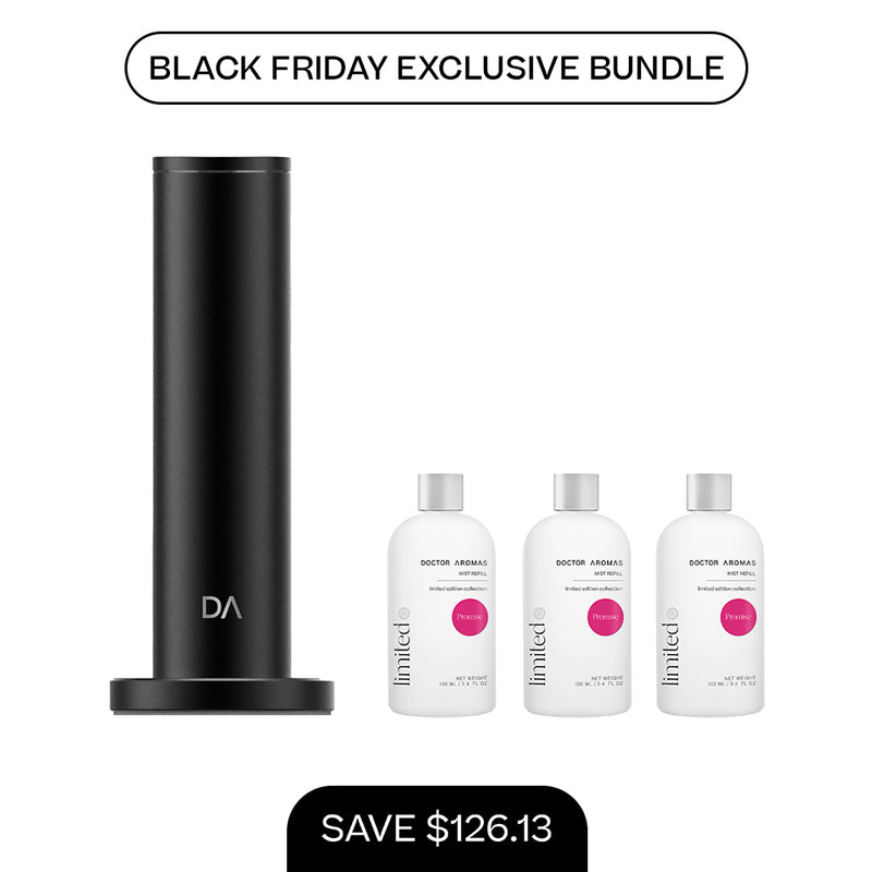 Tall matte black aroma diffuser with cylindrical shape and BFCM exclusive bundle of three 100ml mist refill bottles. - Aroma Diffuser 500 + 3x Mist Refill 100ml | BFCM Exclusive Bundle - Hope / Black - Doctor Aromas