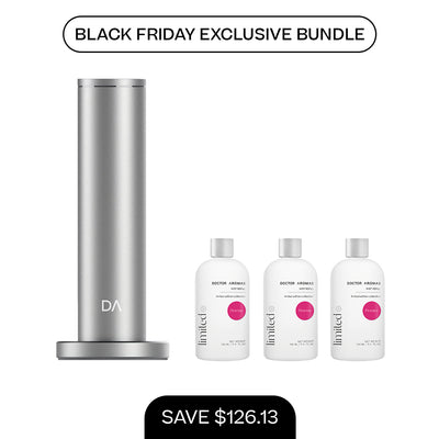 Silver cylindrical aroma diffuser with sleek base alongside three 100ml aroma mist refill bottles. - Aroma Diffuser 500 + 3x Mist Refill 100ml | BFCM Exclusive Bundle - Hope / Black - Doctor Aromas