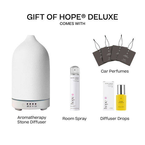 White stone aromatherapy diffuser with room spray, yellow diffuser drops, and three car perfume bags. - The Gift of HOPE® Deluxe - White - Doctor Aromas