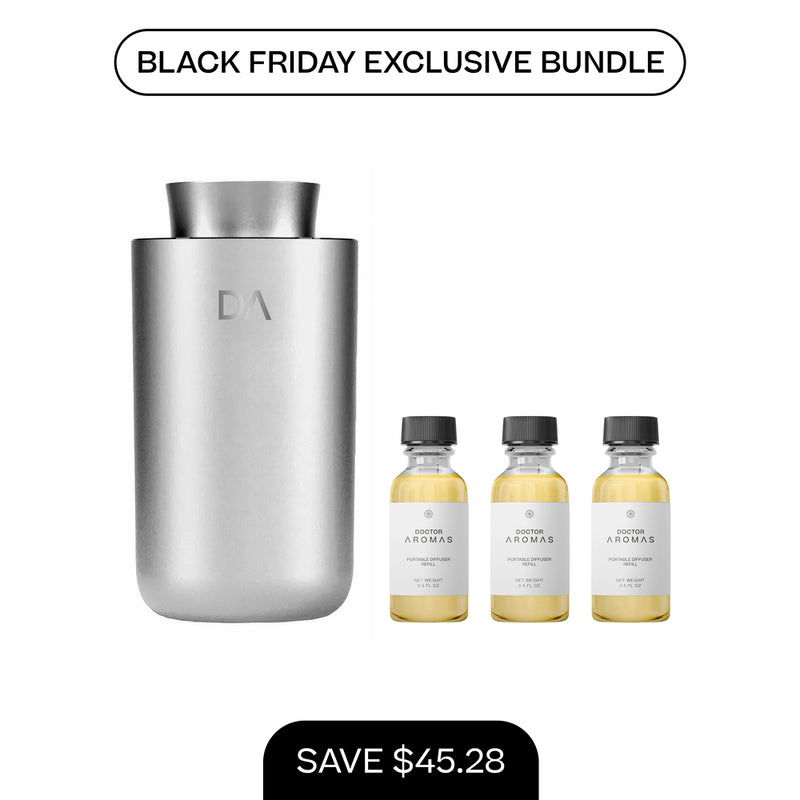 Silver portable scent diffuser with three small refill bottles labeled Hope scent. - Portable Scent Diffuser + 3x Refills | BFCM Exclusive Bundle - Hope / Black - Doctor Aromas