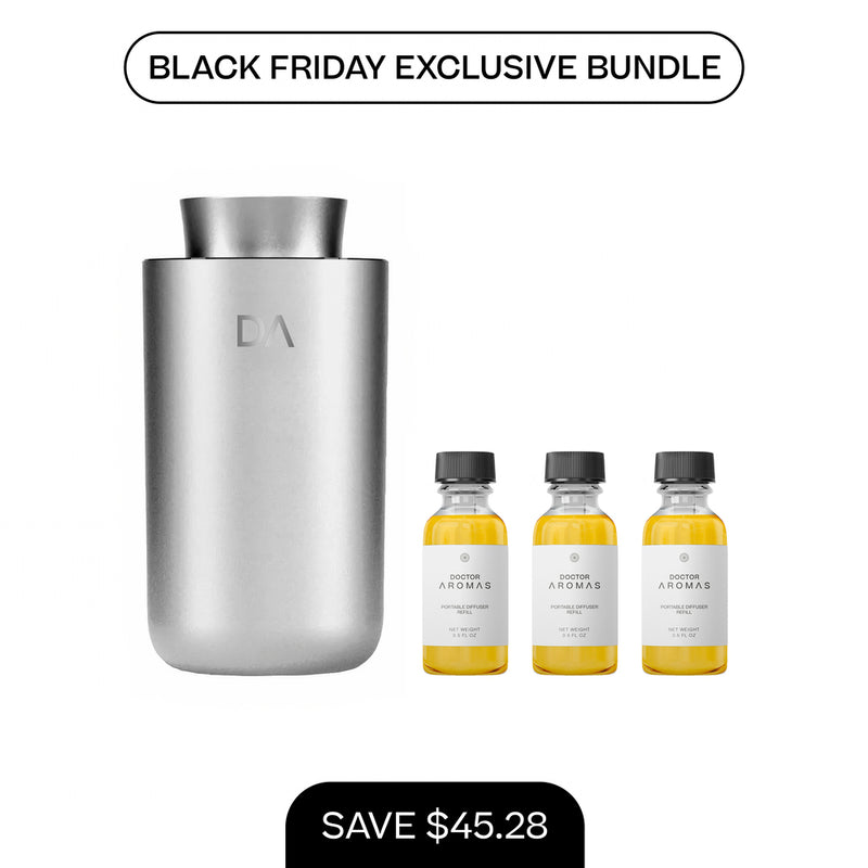 Silver portable scent diffuser with matte finish and three small amber refill bottles with white labels. - Portable Scent Diffuser + 3x Refills | BFCM Exclusive Bundle - Hope / Black - Doctor Aromas