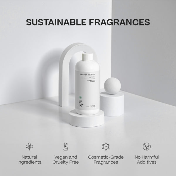 White cylindrical bottle of mist refill with minimalistic label, placed on white pedestal with curved arch backdrop. - Mist Refill | Spa - Spa / 100 ml - Doctor Aromas