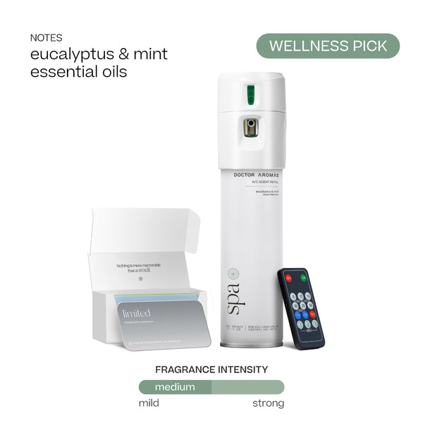 White vertical A/C scent dispenser with digital display, remote control, and eucalyptus mint fragrance box. - Doctor Aromas A/C Scenting System - A/C Spray Dispenser with Remote Control, Customizable Scent Experience, Vegan & Cruelty-Free, 17.1 oz Fragrance Oil, Whole Home Freshener, Battery Operated, Non-Toxic, Cosmetic Grade Scents - Hope® - Doctor Aromas