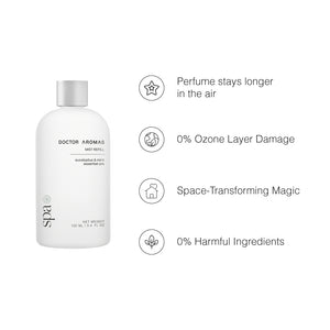 White cylindrical plug-in diffuser refill bottle with silver cap and minimalist black text design. - Plug-In Diffuser | Spa - Spa - Doctor Aromas