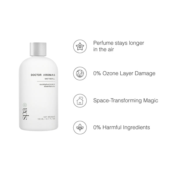 White cylindrical plug-in diffuser refill bottle with silver cap and minimalist black text design. - Plug-In Diffuser | Spa - Spa - Doctor Aromas