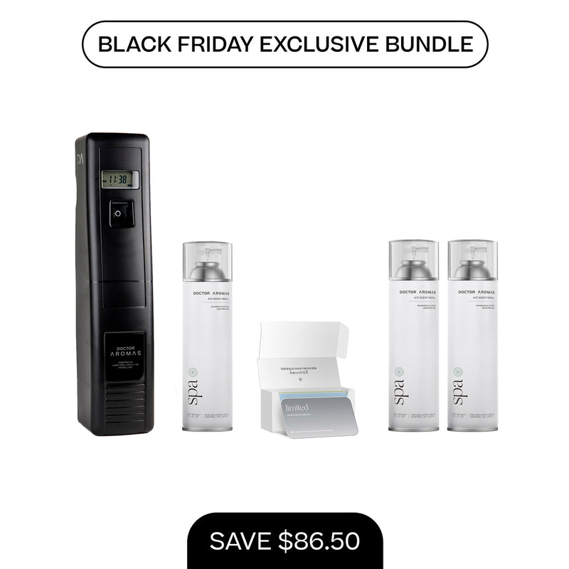 Black A/C scenting system with digital display, two 17.1 oz refill bottles, and a white wall mount bracket. - A/C Scenting System Pro + 2x 17.1 OZ Refills | BFCM Exclusive - Hope - Doctor Aromas