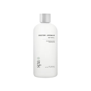 White 500ml spa mist refill bottle with silver cap and minimalist black text design.
