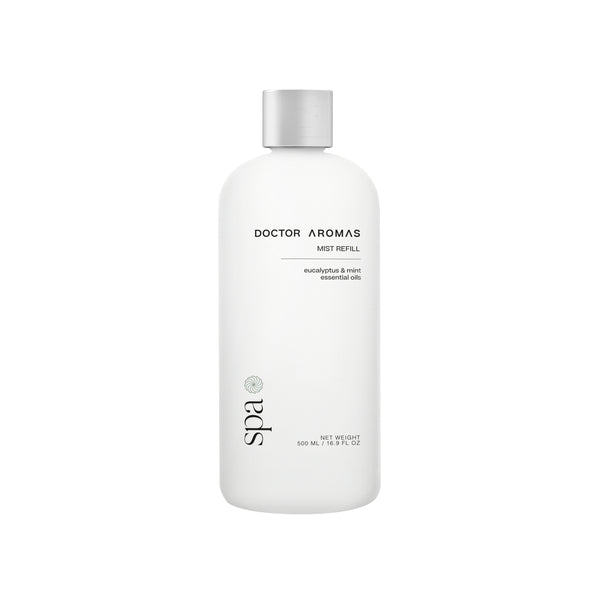 White 500ml spa mist refill bottle with silver cap and minimalist black text design.