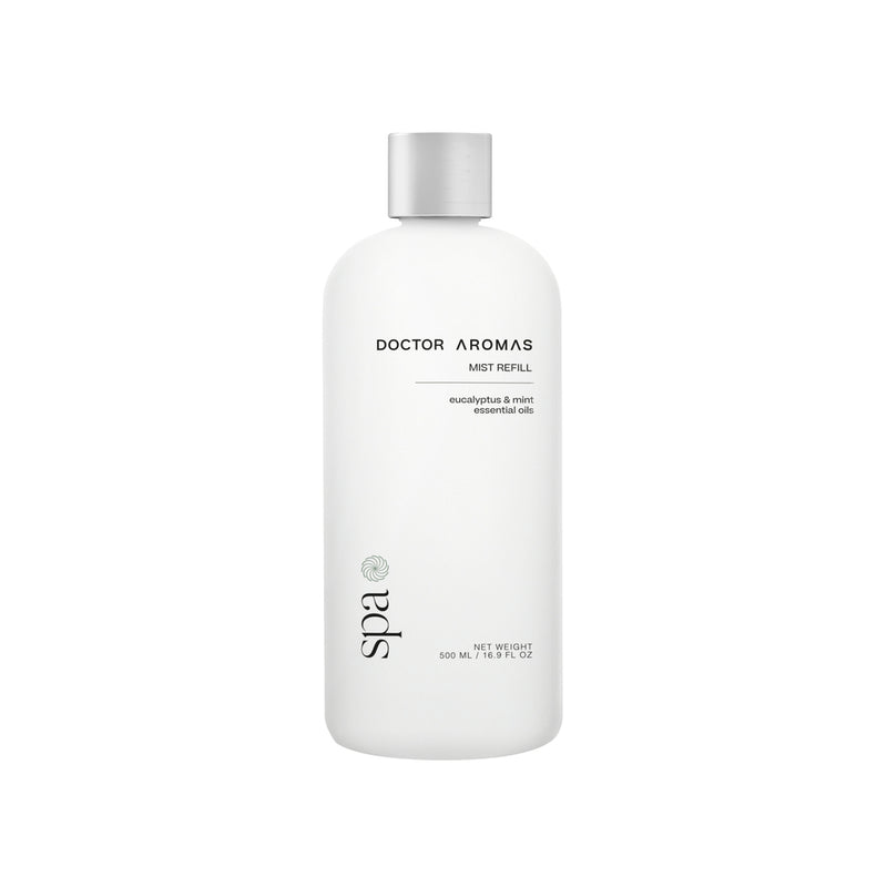 White 500ml spa mist refill bottle with silver cap and minimalist black text design.