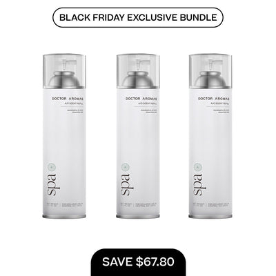 Set of three clear A/C scent refill bottles with white labels and silver caps, spa branding. - A/C Scent Refill 17.1 oz x3 | BFCM Exclusive Bundle - Hope - Doctor Aromas