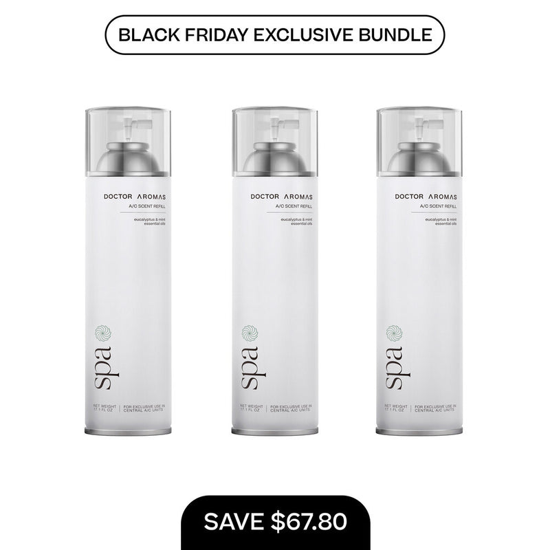 Set of three clear A/C scent refill bottles with white labels and silver caps, spa branding. - A/C Scent Refill 17.1 oz x3 | BFCM Exclusive Bundle - Hope - Doctor Aromas