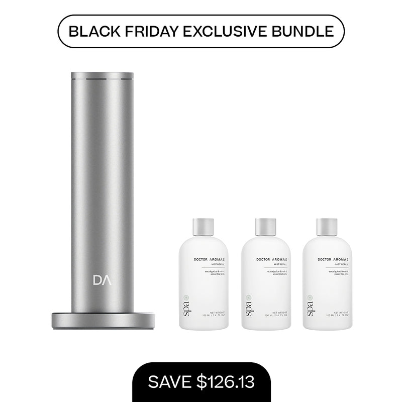 Silver cylindrical aroma diffuser with three 100ml mist refill bottles on a white background. - Aroma Diffuser 500 + 3x Mist Refill 100ml | BFCM Exclusive Bundle - Hope / Black - Doctor Aromas