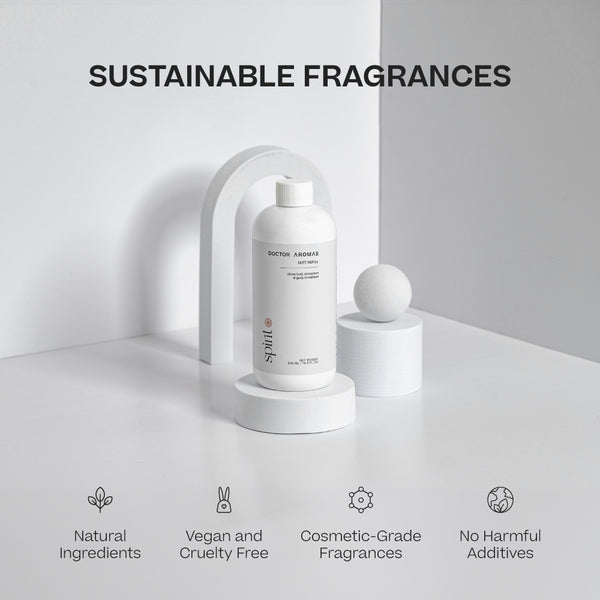 White cylindrical mist refill bottles with minimalistic labels on white geometric stands against a white and gray background. - Mist Refill Twin Pack | Spirit - Spirit - Doctor Aromas