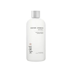 White 500 ml plastic bottle of Doctor Aromas Spirit mist refill with silver cap and minimalist text design.