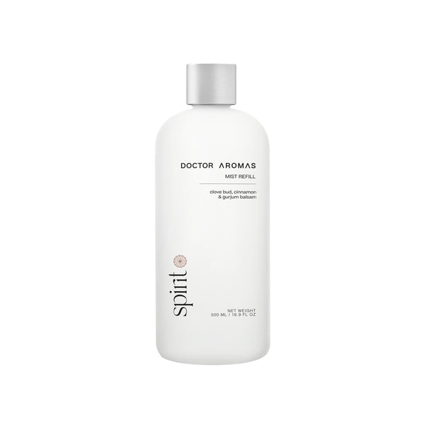 White 500 ml plastic bottle of Doctor Aromas Spirit mist refill with silver cap and minimalist text design.