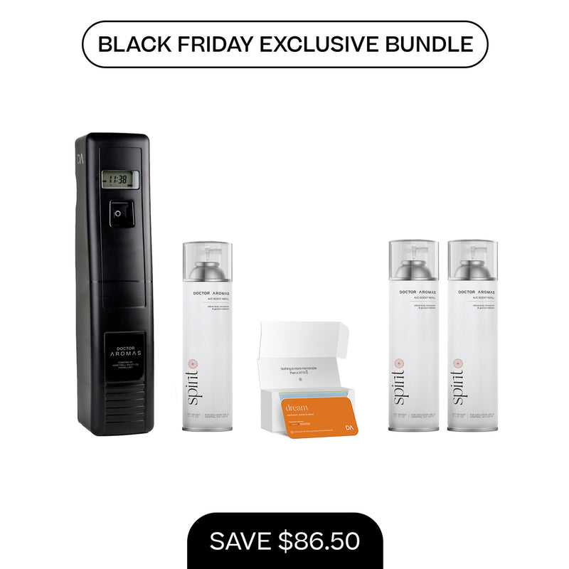 Black vertical A/C scenting system with digital screen, three white 17.1 oz refill bottles, and small orange pack against. - A/C Scenting System Pro + 2x 17.1 OZ Refills | BFCM Exclusive - Hope - Doctor Aromas