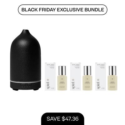 Matte black stone essential oil diffuser with three small diffuser drop bottles and labeled boxes. - Aromatherapy Stone Diffuser + 3x Diffuser Drops | BFCM Exclusive Bundle - Hope / White - Doctor Aromas