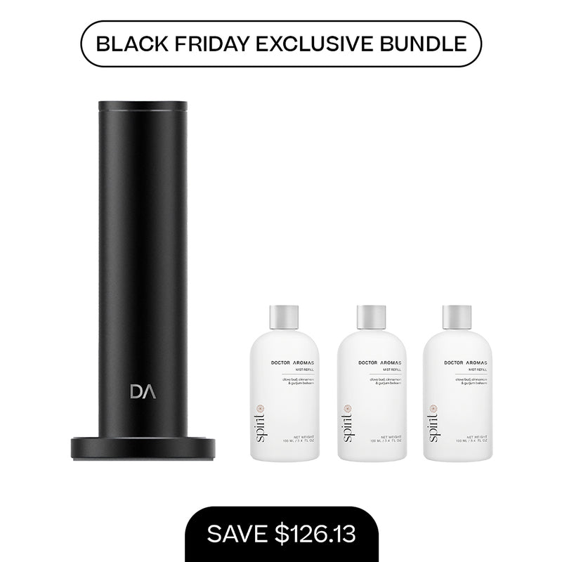 Tall matte black cylindrical aroma diffuser with three white 100ml mist refill bottles on a white background. - Aroma Diffuser 500 + 3x Mist Refill 100ml | BFCM Exclusive Bundle - Hope / Black - Doctor Aromas