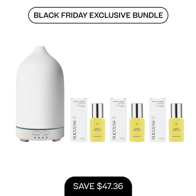 White aromatherapy stone diffuser with blue LED light and three yellow diffuser oil bottles. - Aromatherapy Stone Diffuser + 3x Diffuser Drops | BFCM Exclusive Bundle - Hope / White - Doctor Aromas
