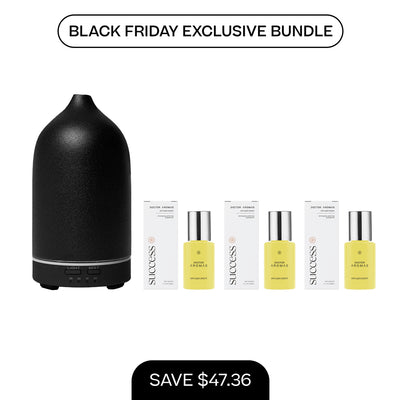 Matte black aromatherapy stone diffuser with three yellow diffuser drop bottles and white packaging. - Aromatherapy Stone Diffuser + 3x Diffuser Drops | BFCM Exclusive Bundle - Hope / White - Doctor Aromas