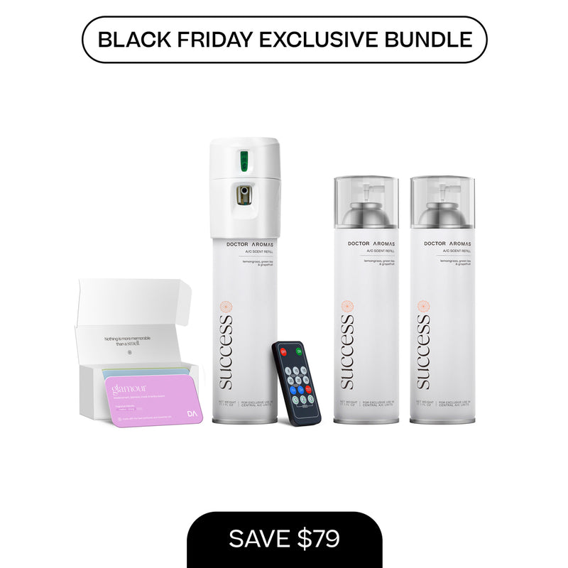 A/C scenting system with remote, two 17.1 oz refill cans, and sample cards in white packaging. - A/C Scenting System + 2x 17.1 OZ Refills | BFCM Exclusive - Hope - Doctor Aromas