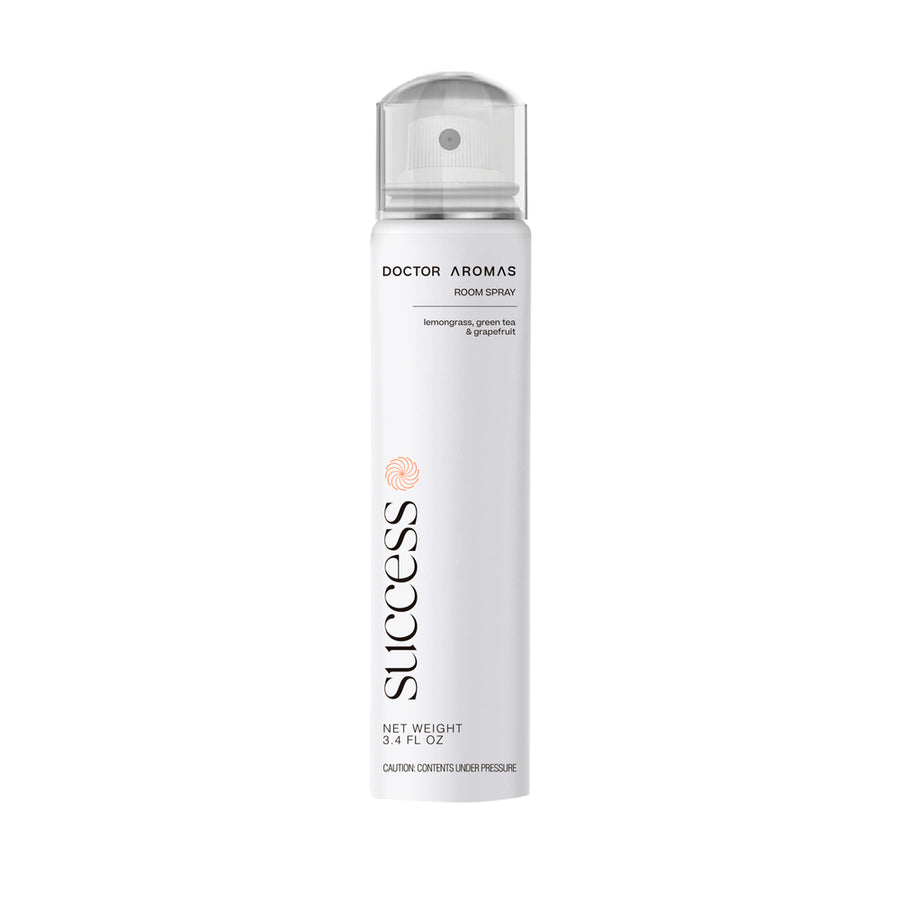 White cylindrical room spray bottle with clear cap and "Success" branding in black and orange text. - Room Spray | Success - Success - Doctor Aromas