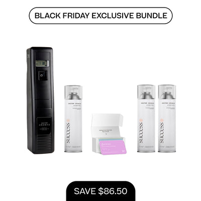 Black vertical A/C scenting system dispenser with three white 17.1 oz refill bottles and two purple and white replacement. - A/C Scenting System Pro + 2x 17.1 OZ Refills | BFCM Exclusive - Hope - Doctor Aromas