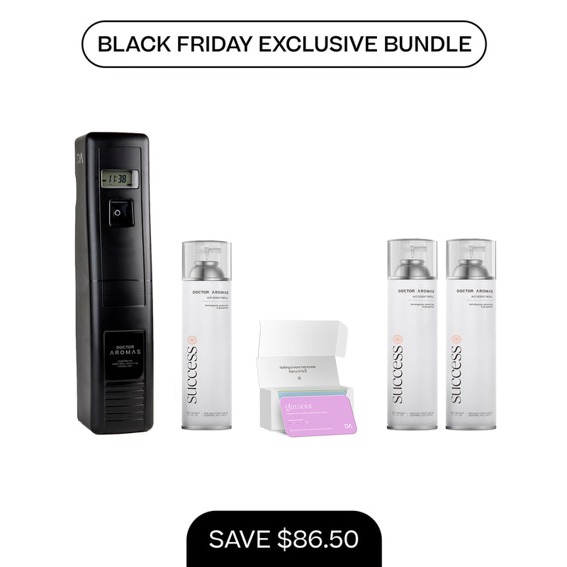 Black vertical A/C scenting system dispenser with three white 17.1 oz refill bottles and two purple and white replacement. - A/C Scenting System Pro + 2x 17.1 OZ Refills | BFCM Exclusive - Hope - Doctor Aromas