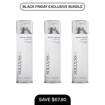 Three 17.1 oz white cylindrical A/C scent refill bottles labeled Success in minimalistic design with clear caps. - A/C Scent Refill 17.1 oz x3 | BFCM Exclusive Bundle - Hope - Doctor Aromas