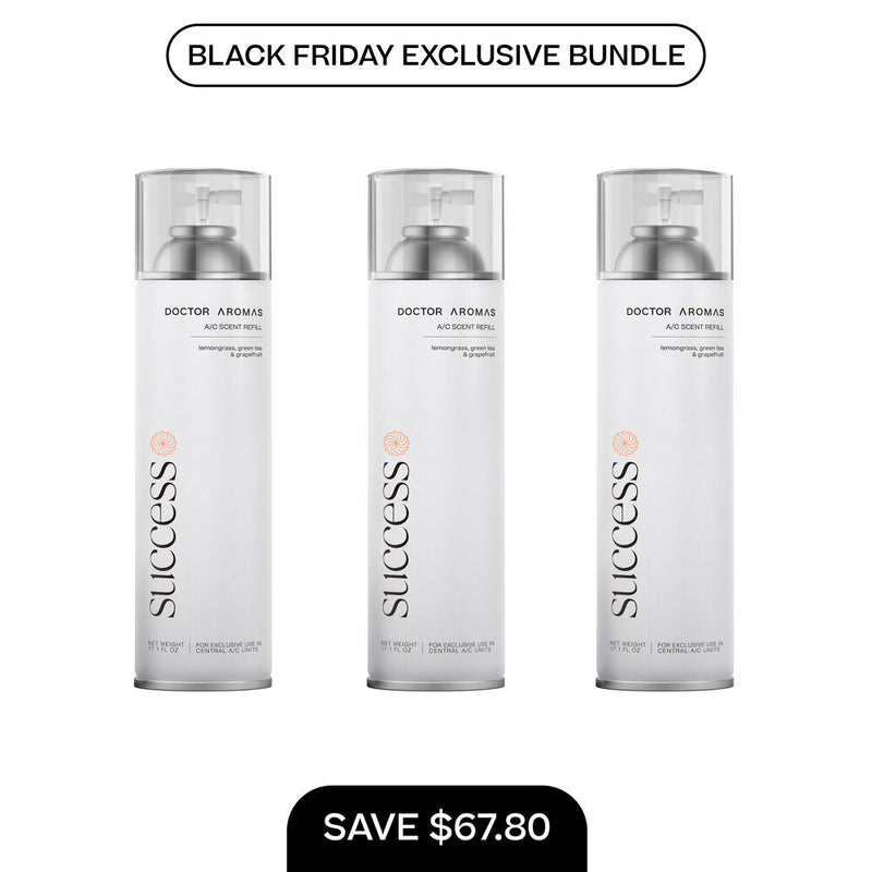 Three 17.1 oz white cylindrical A/C scent refill bottles labeled Success in minimalistic design with clear caps. - A/C Scent Refill 17.1 oz x3 | BFCM Exclusive Bundle - Hope - Doctor Aromas